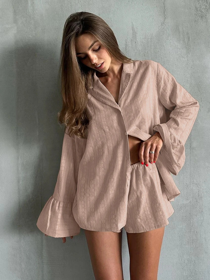Marthaqiqi Casual Women Nightwear 2 Piece Suit Long Sleeve Nightgowns Turn-Down Collar Sleepwear Shorts Loose Pink Home Clothes