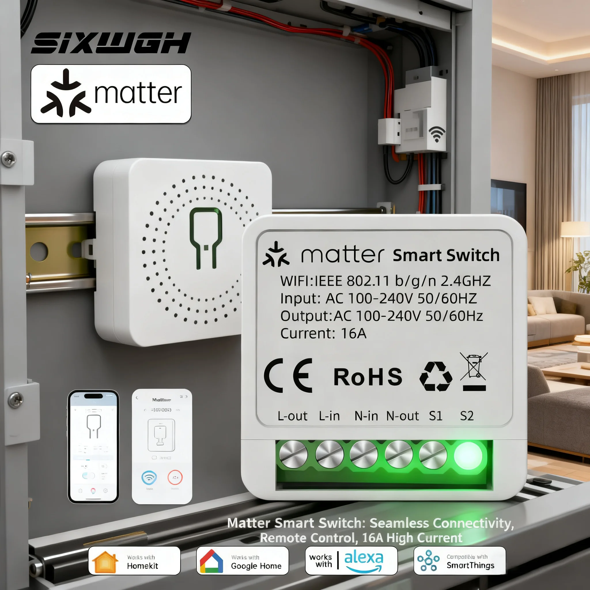 

SIXWGH High Compatibility16A Mini Smart Home Automation Module WiFi Wireless Supports HomeKit Alexa Google for Smart Home System