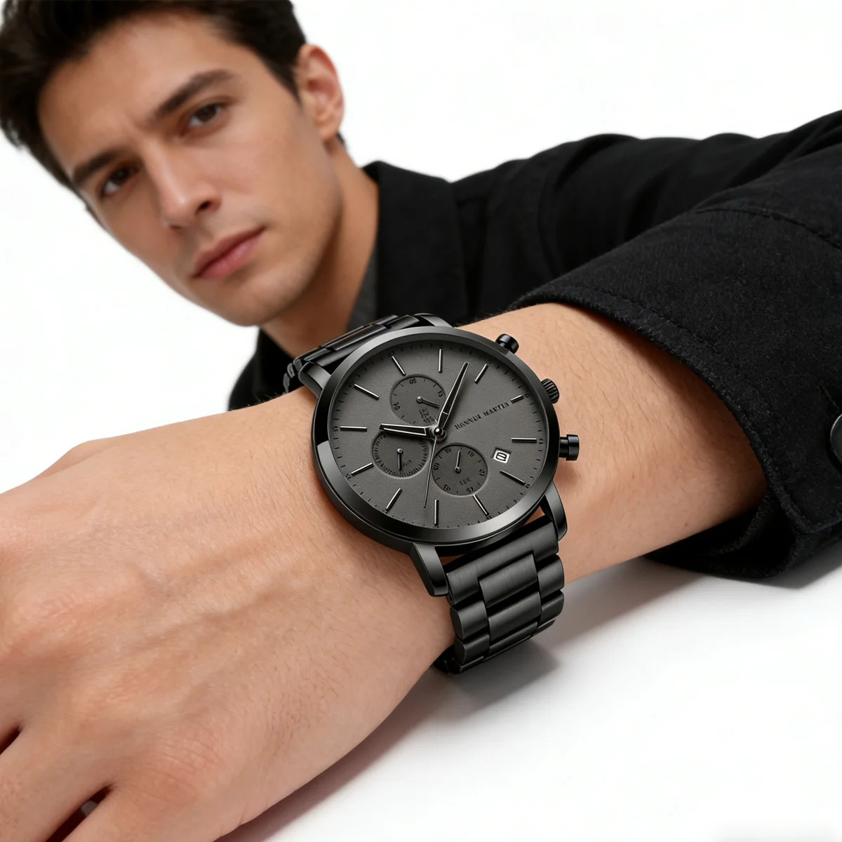Reloj HANNAH MARTIN de marca superior para hombre, reloj de cuarzo multifuncional deportivo resistente al agua a la moda de acero inoxidable negro, reloj Masculino