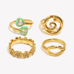 E.B.belle Flower Micro Inlaid Small Daisy Simple Knot Double Layered Couple Heart Enamel Symmetric Vortex Stainless Steel Ring
