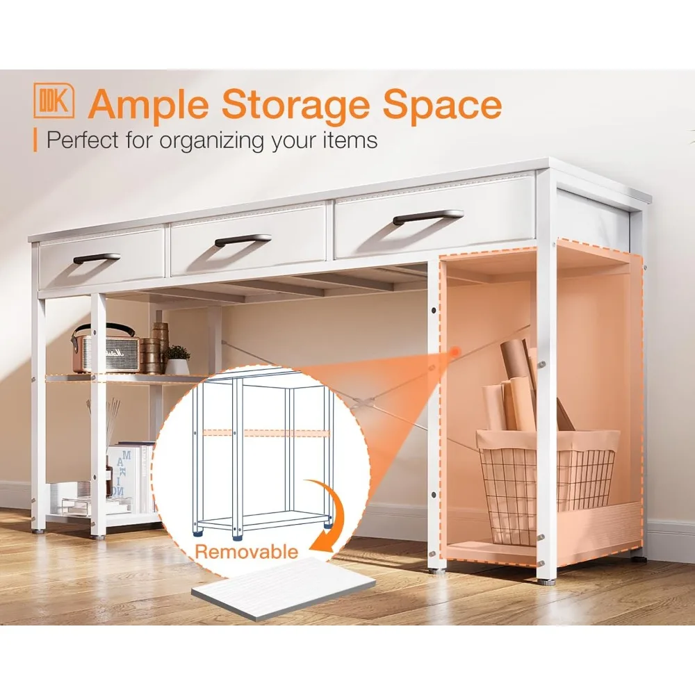 Escritorio pequeño para computadora de oficina: mesa para el hogar con cajones de tela y estantes de almacenamiento, escritorio moderno, blanco, 48x16