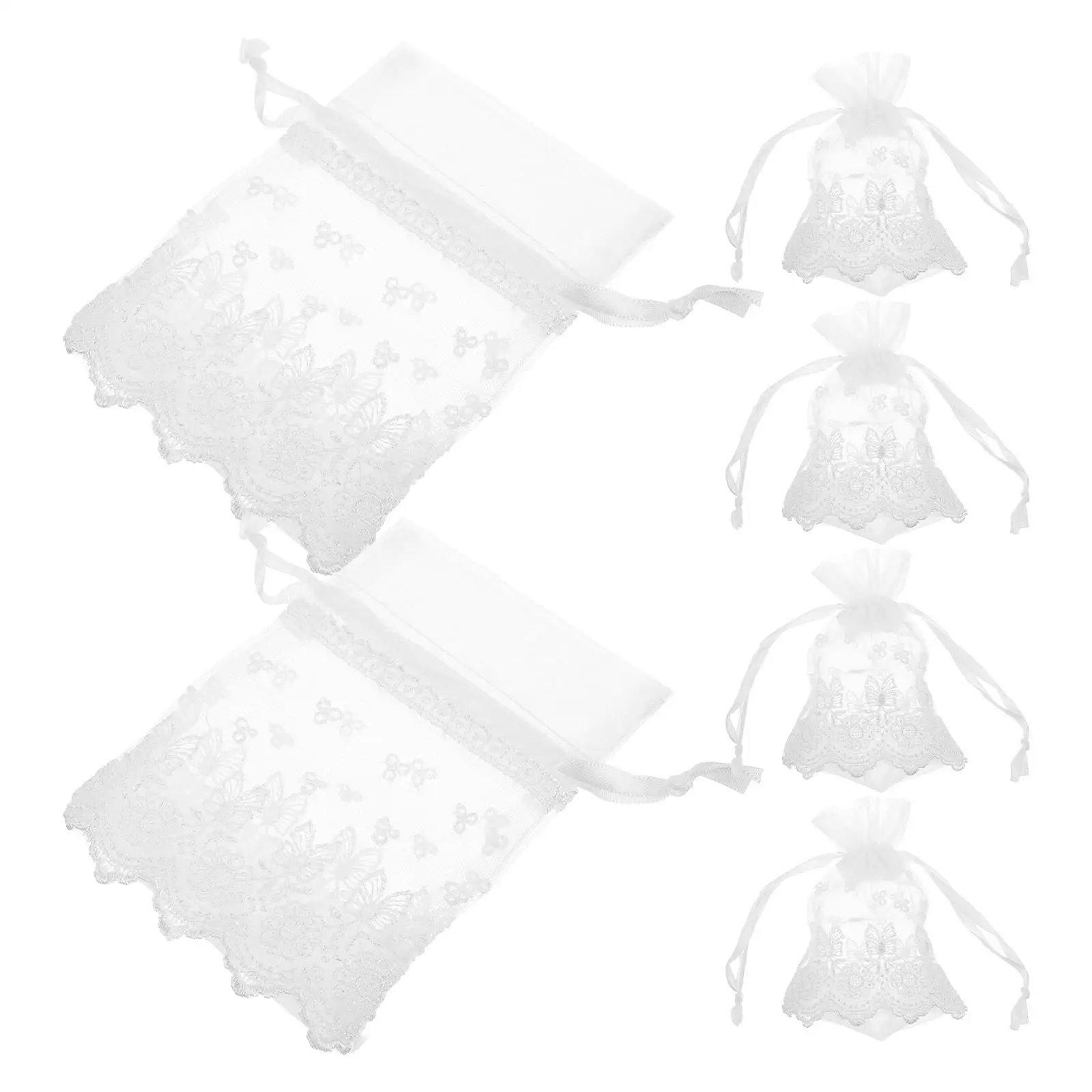 

6 Pcs Drawstring Bag White Embroidered Butterfly Lace Mesh Storage Jewelry Small Items Portable Lightweight Travel Use