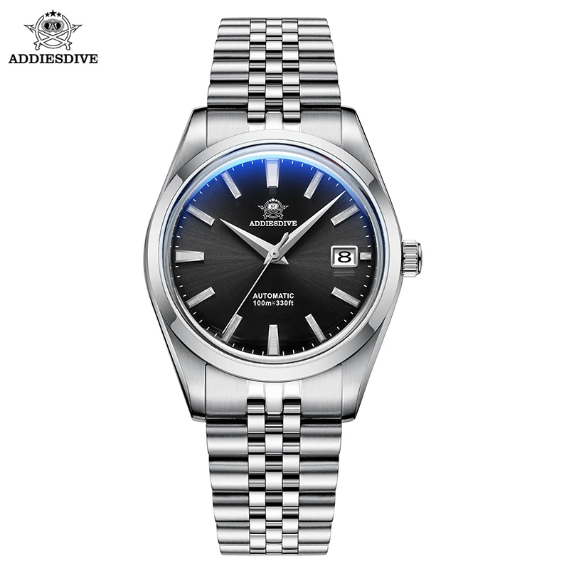 ADDIESDIVE 39mm Automatic Mechanical Watch for Men Black/White Dial Steel Calendar Display Dive Watches AD2029 Relogio Masculino