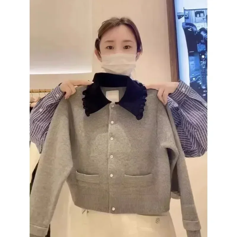 

Knitted Cardigan Soft and Waxy Ladylike Lapel Gray Gentle Versatile Cashmere Sweater Lazy Style Age-reducing College
