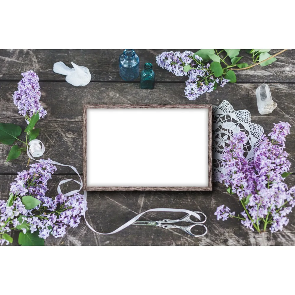 Hyacinth-花,空白の木の板,写真の背景,ハンドル,リボン,はさみの装飾,写真の背景