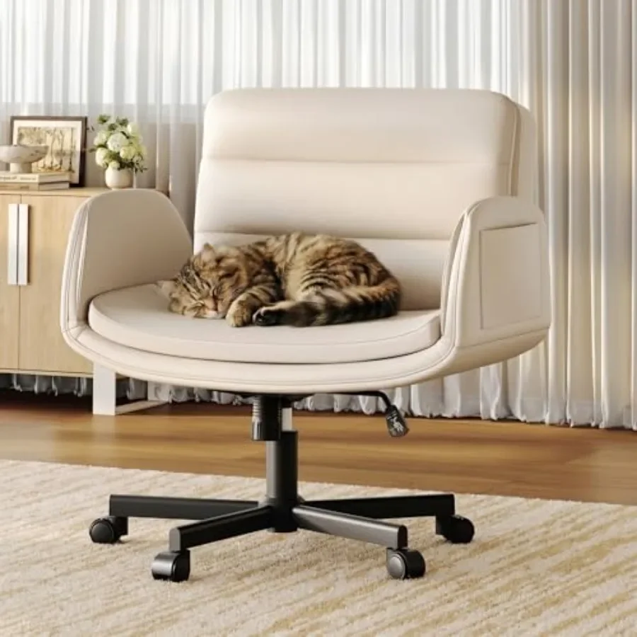 Vanity chair for home office and bedroom use, upholstered in black faux leather, featuring criss-cross back design, flip-up arm