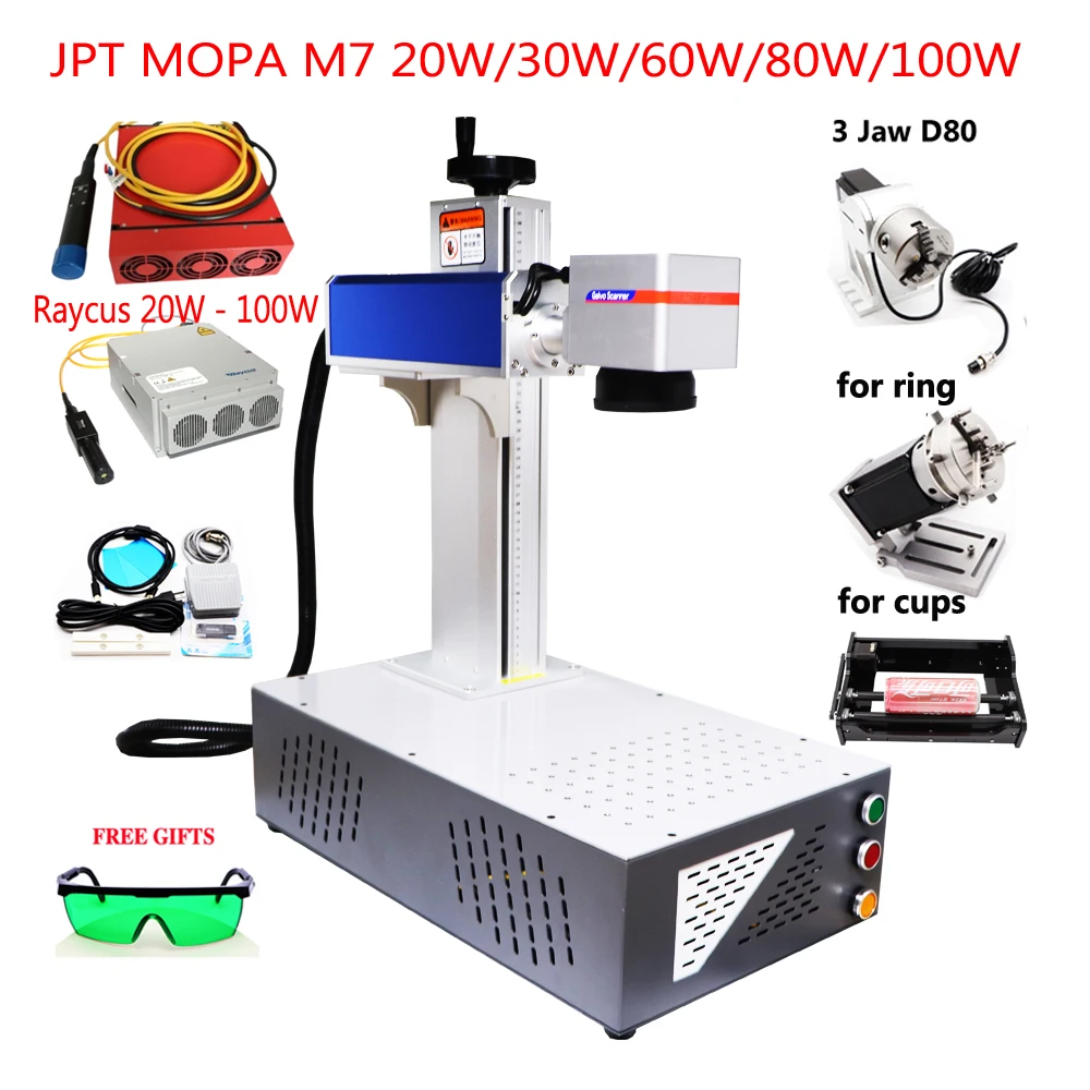 100W 60W JPT M7 MOPA Portable 20W 30W 50W 70W Raycus Fiber Laser Marking Machine With Rotary Axis Metal Cutting Engraving