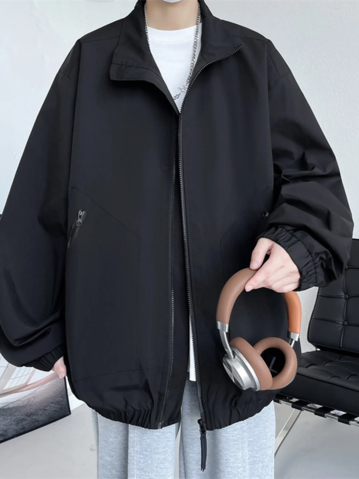 

Мужская уличная водонепроницаемая куртка свободного кроя с воротником-стойкой, осенняя новинка, модный трендовый топ из полиэстера с длинными рукавами