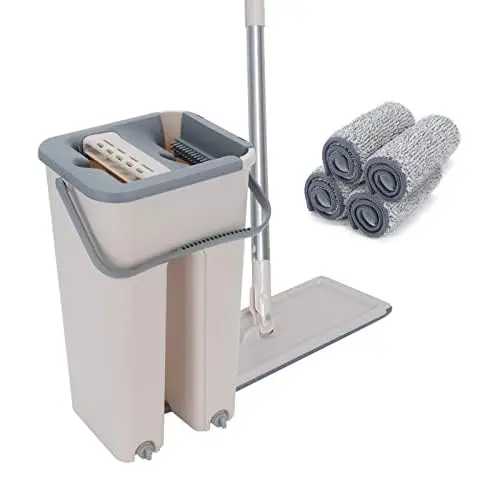 Mop and Bucket Set 360° Floor Mop and Bucket with 4 Replacement Machine Washable Flat Squeeze Microfiber Mop Pads