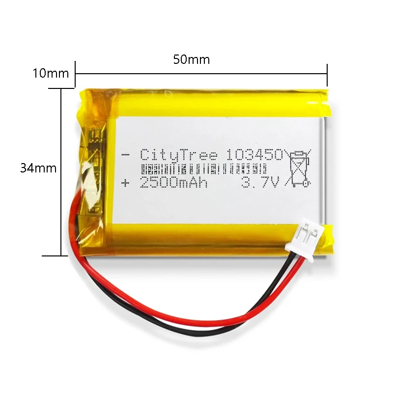 CityTree 103450 3.7V 2500mAh Polymer Lithium Rechargeable Battery JST PH 2.0mm 2pin plug for GPS navigator MP5 Bluetooth Headset
