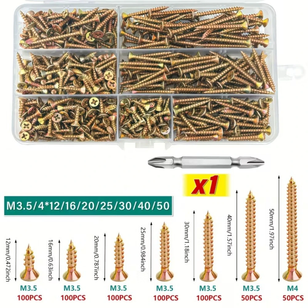 

600pcs Color Zinc Cross Countersunk Head Self-tapping Wood Screws Drywall Fiberboard Nails Screws Carbon Steel Hardware Screws