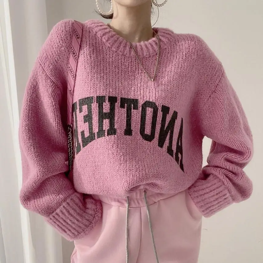 New Autumn/Winter Fashion Long Sleeve Loose Round Neck Letter Knitted Solid Color Sweater For Women,5 Colors