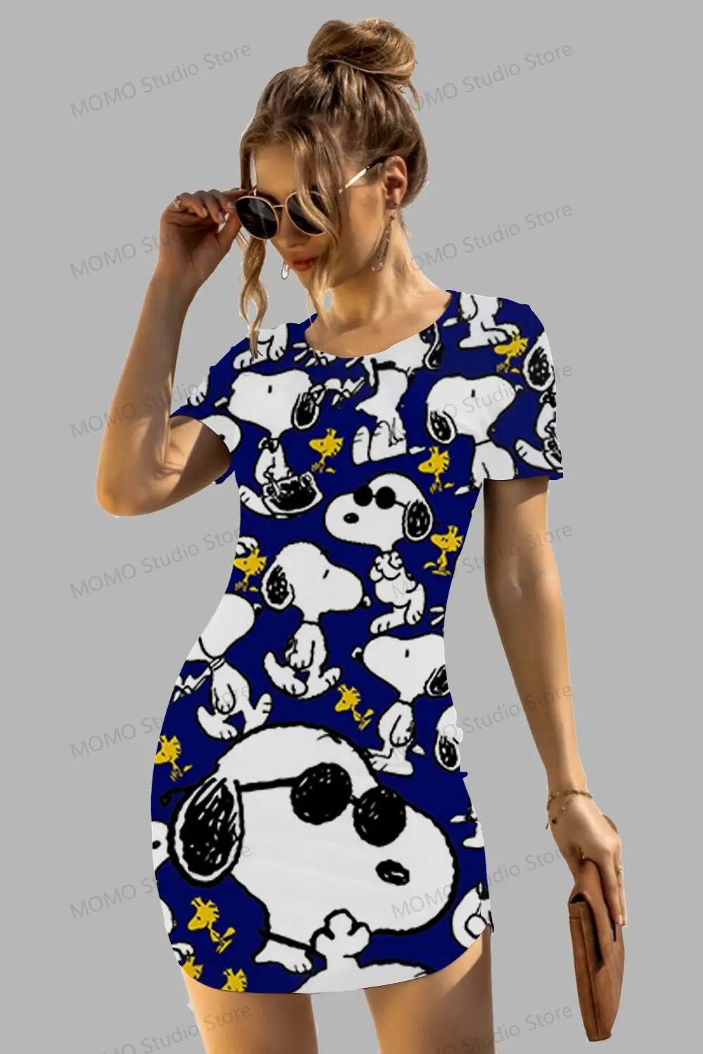 Vestido picante de manga curta com o decote Kawaii Snoopy Hip, elegante moda boho, novo, verão, Y2K, S to 3XL, 2024