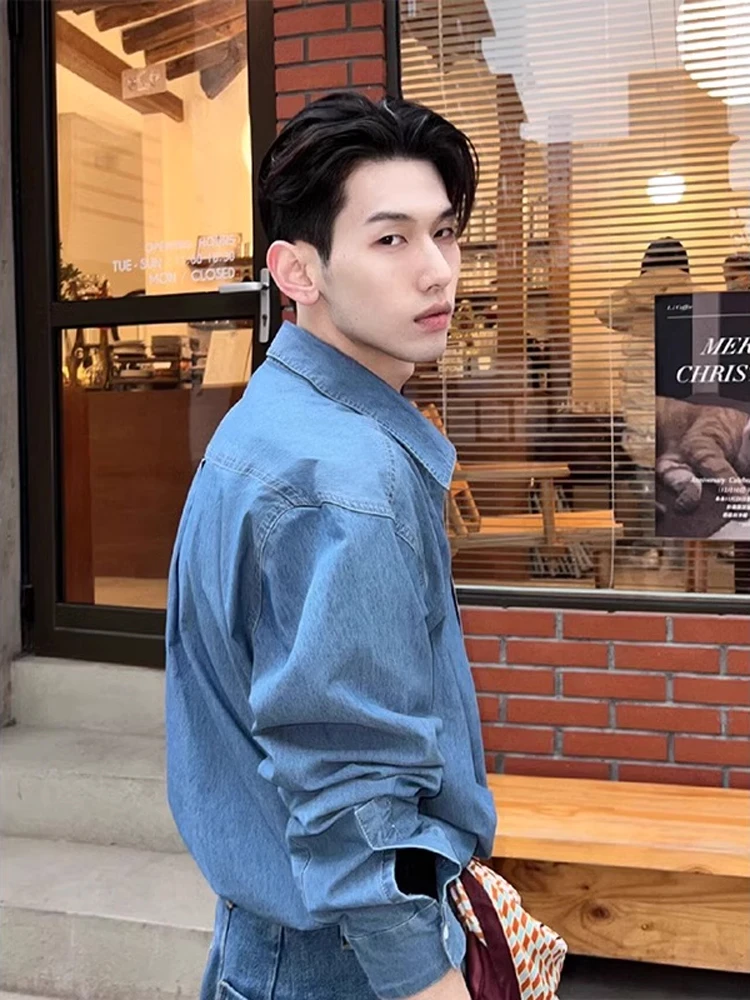 

Retro Blue Denim irt Men's Chic Casual Spring Autumn Sle Trendy Long Sve Cotton Polyester Blend Flat Iron Treaent