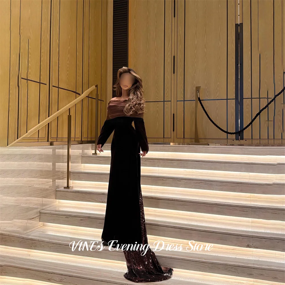 

VINES Black Velvet Prom Dresses Off Shoulder Long Sleeve Gala Dress with Sequin Train Saudi Arabic Evening Party Gown Customized