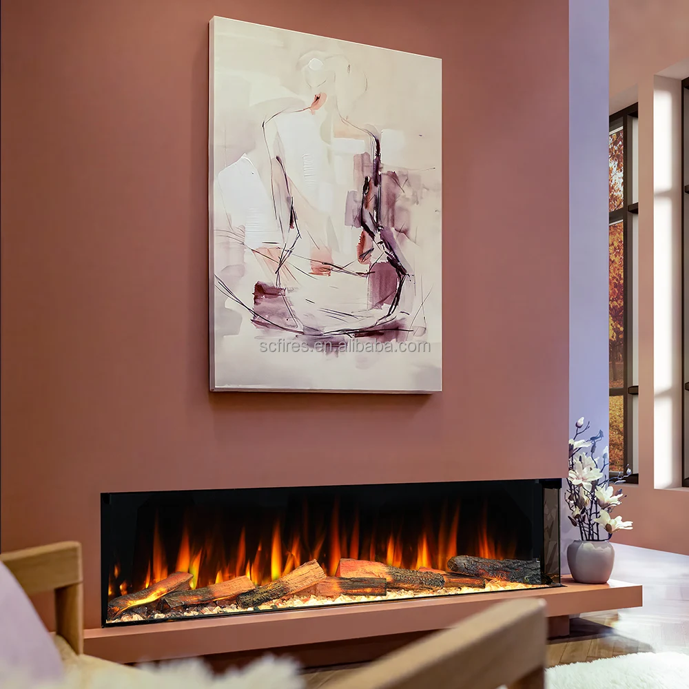 Luxury Series Modern 3 Sided Built-In Steel Electric Fireplace Heater With LED Light Smart WIFI For Tempered Glass 40-80inch