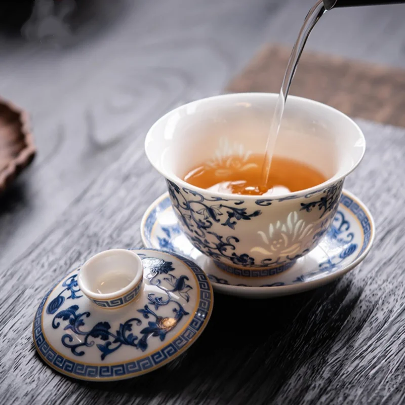 150ml Blue and White Jade Porcelain Gaiwan - Hollowed-out Kungfu Tea Set, Exquisite Tea Bowl Lucky Tea Ceremony Craft