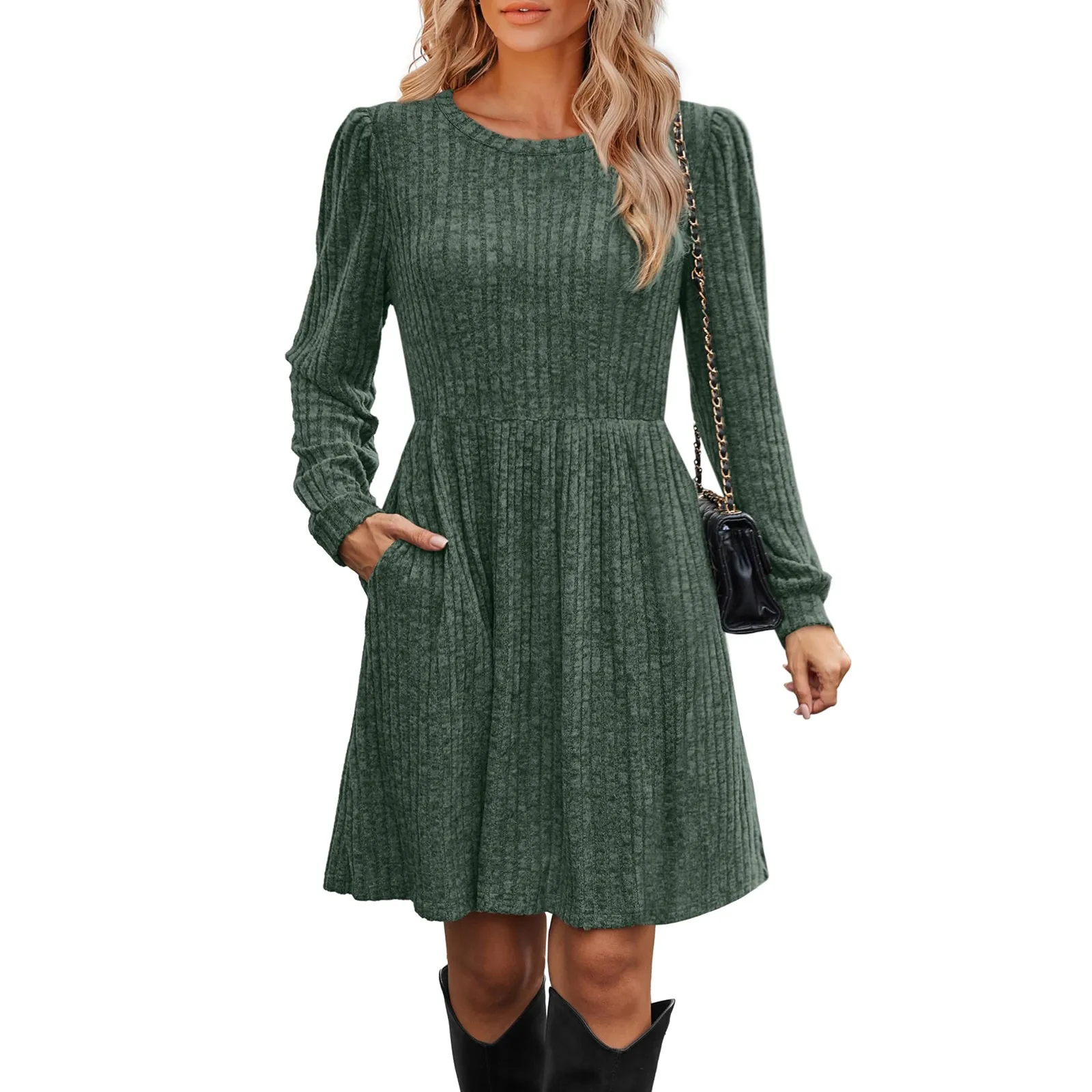 Women'S Long Sleeve Casual Dresses Autumn New Simple Solid Soft Comfortable Dress With Pockets Daily Commuting All-Match Dresses