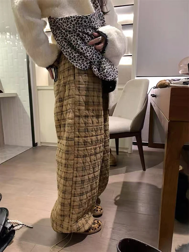 Vintage Plaid Wide Leg Pants Women Y2K Winter Thick Loose Drawstring Argyle Jogging Korean High Waist Streetwear Casual Trousers