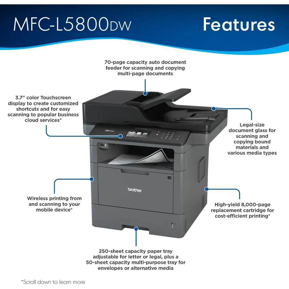 Monochrome Laser Printer, Multifunction Printer, All-in-One Printer, MFC-L5800DW, Wireless Networking, Mobile Printing