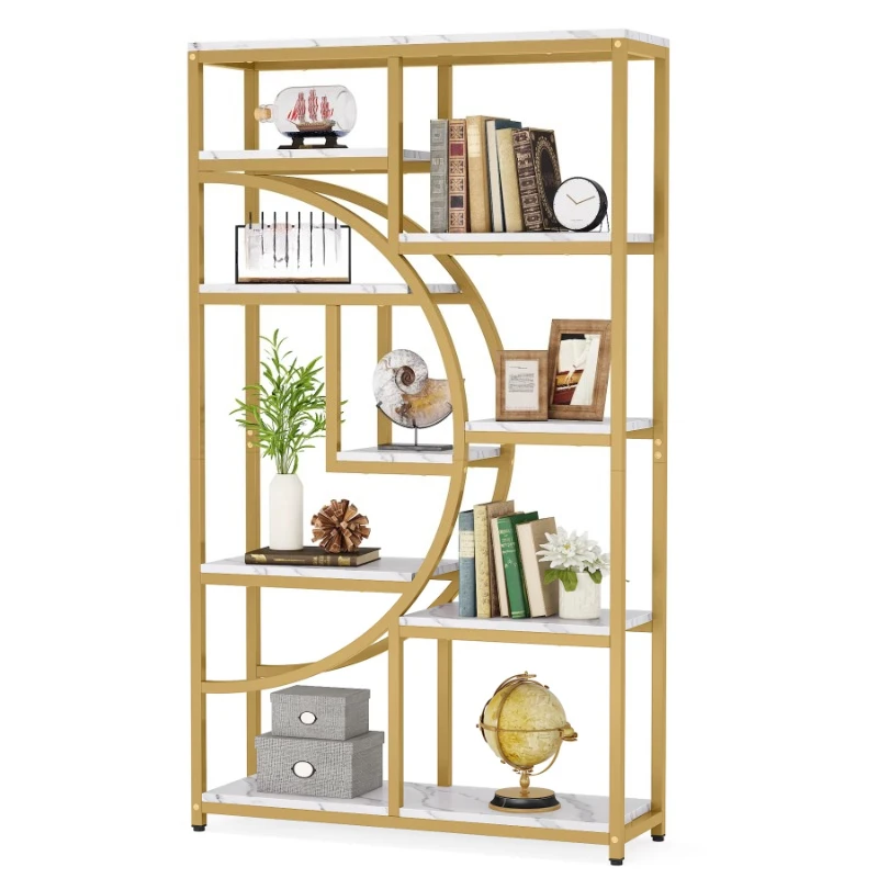 Elegant geometric curve design Durable 5-story electronic bookshelf with 9 open storage shelves for interior office decoration