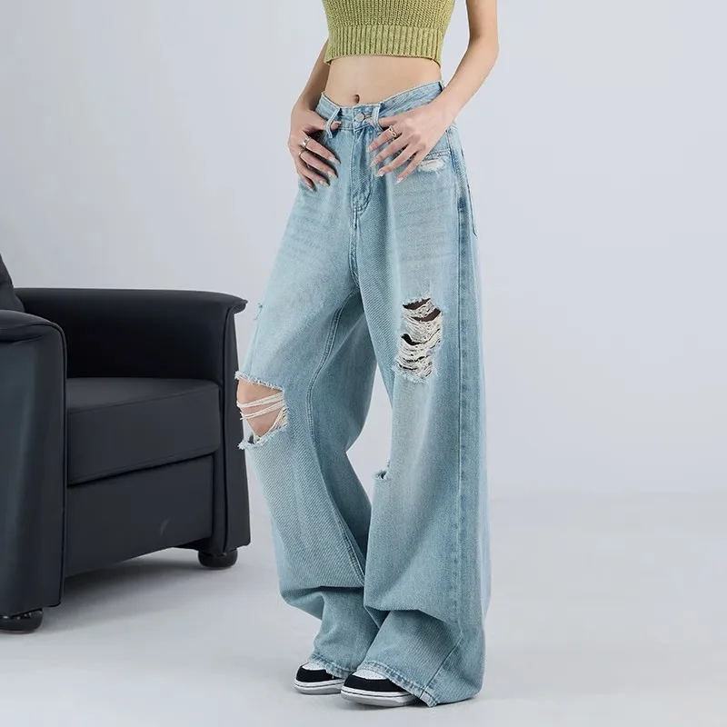 

WCFCX STUDIO Fashion High Street Ripped Jeans All-Match Baggy Wide-Leg Women's Denim Pants Blue Aesthetics Trousers