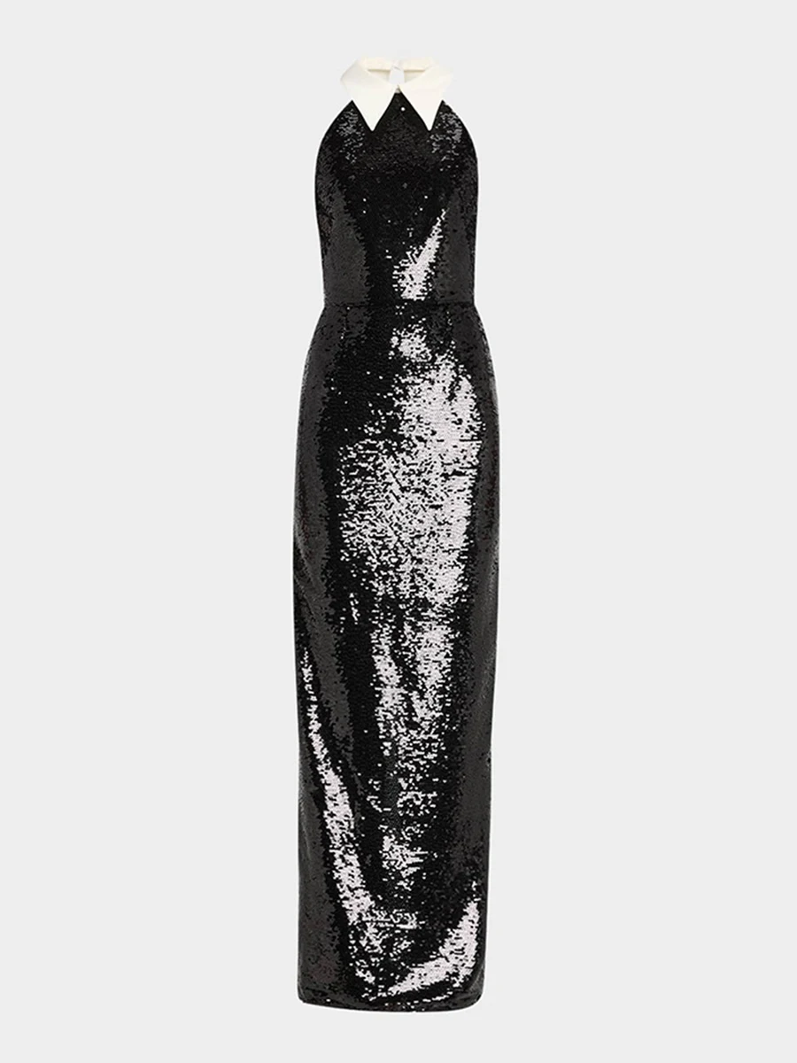 VGH Sexy Abnehmen Hit Pailletten Lange Kleider Für Frauen Revers Ärmellose Hohe Taille Herbst Temperament Abendkleid Weiblichen Stil