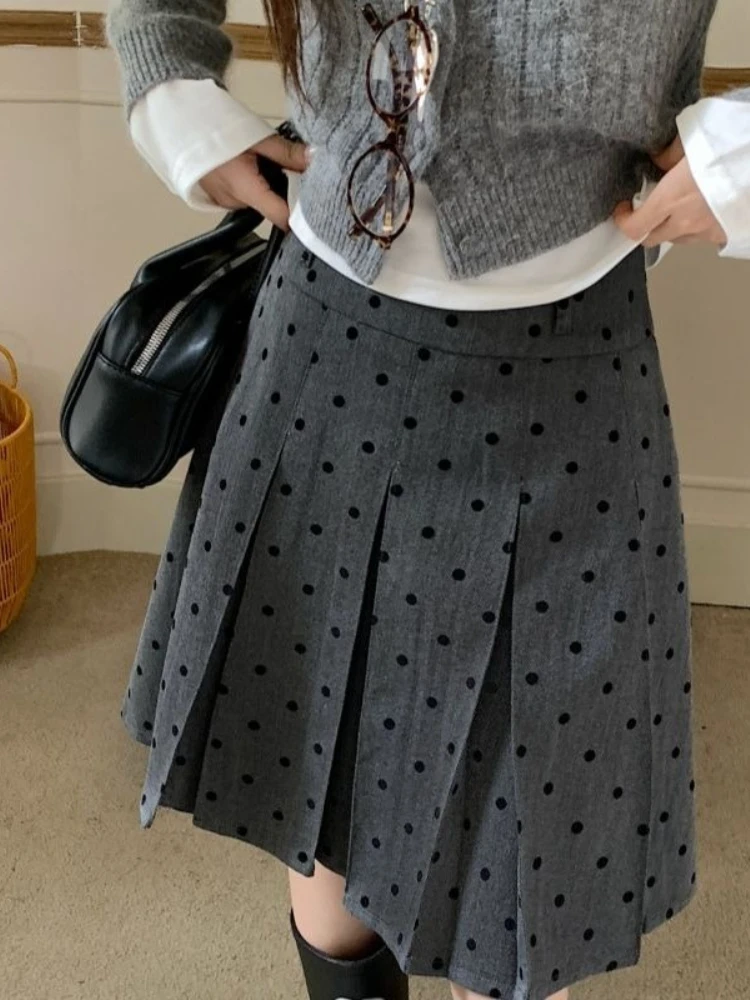 2000s Vintage Slim Dot Folds Japan Style Midi Skirts Y2k Harajuku Elegant High Waist Knee-length Skirts Autumn Winter New Skirts