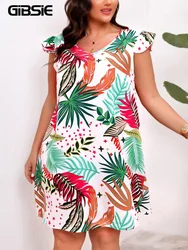 GIBSIE Plus Size Tropical Print V Neck Ruffle Sleeve Dress Women Summer 2024 Beach Holiday Casual Female Boho Loose Mini Dresses