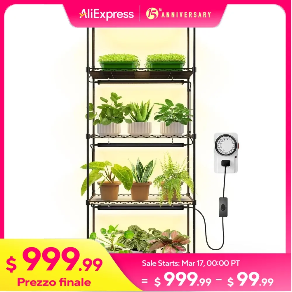 5-Tier Plant Stand with Grow Lights, 4Pcs 1.6FT 20W Full Spectrum Plant Lights, Metal Plant Shelf Display Rack