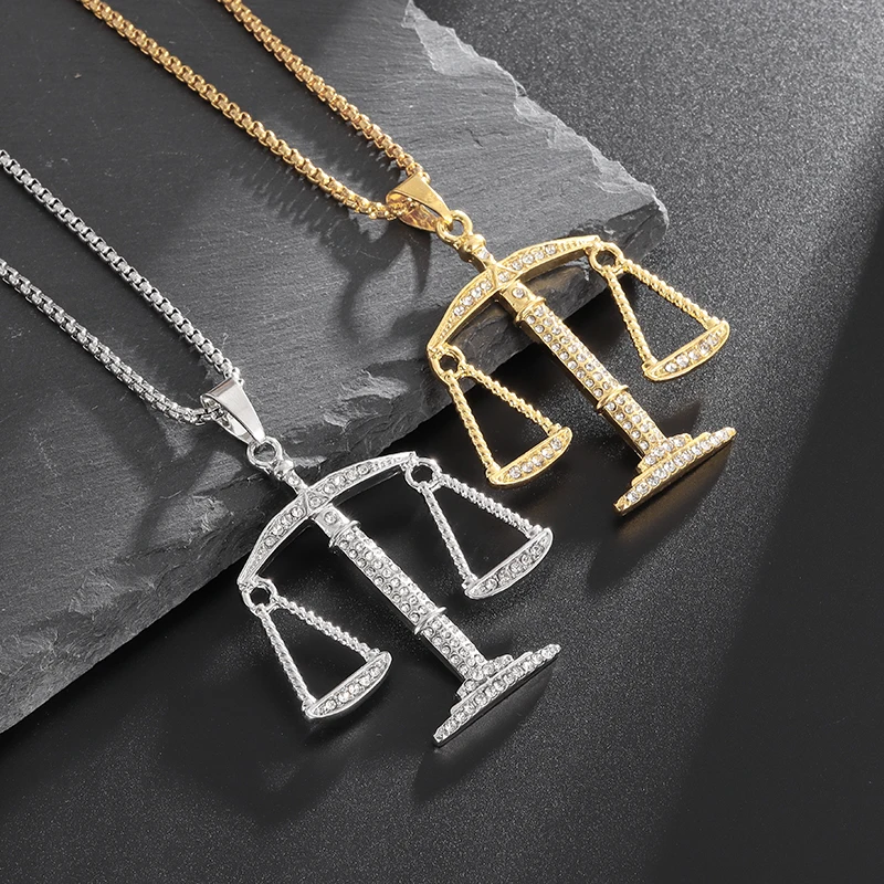 New Exquisite Quality Justice Scales Inlaid Zircon Pendant Necklace Men Women Casual Street Hip Hop Party Jewelry Gifts