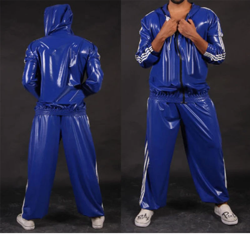 

100% Latex Rubber Auzug Top&Pant Blue Hooded Sport Catsuit 0.4mm S-XXL