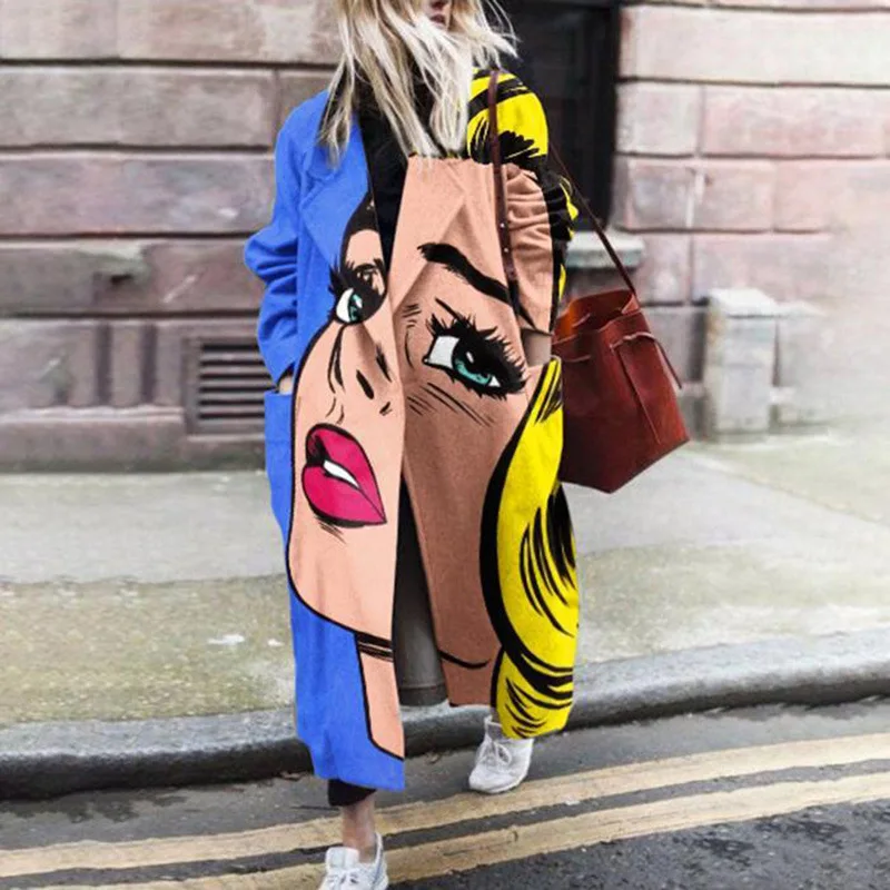 

Autumn 2023 Women's Long Sve Turn-down Collar Printed Faux Woolen Coat Street Sle Slim Fit Mid-length Faion Outerwear