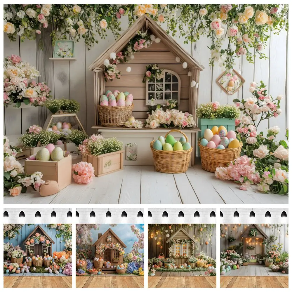 

Spring Easter Photography Background Cabin Wood Wall Floor Flowers Eggs Birthday Party Decor Kids Portrait Backdrop Photo Studio