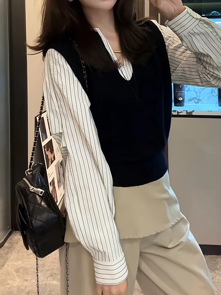 Casual sle longo sve malha irt feminino faion artístico listrado topo vintage outono nova chegada versátil irt