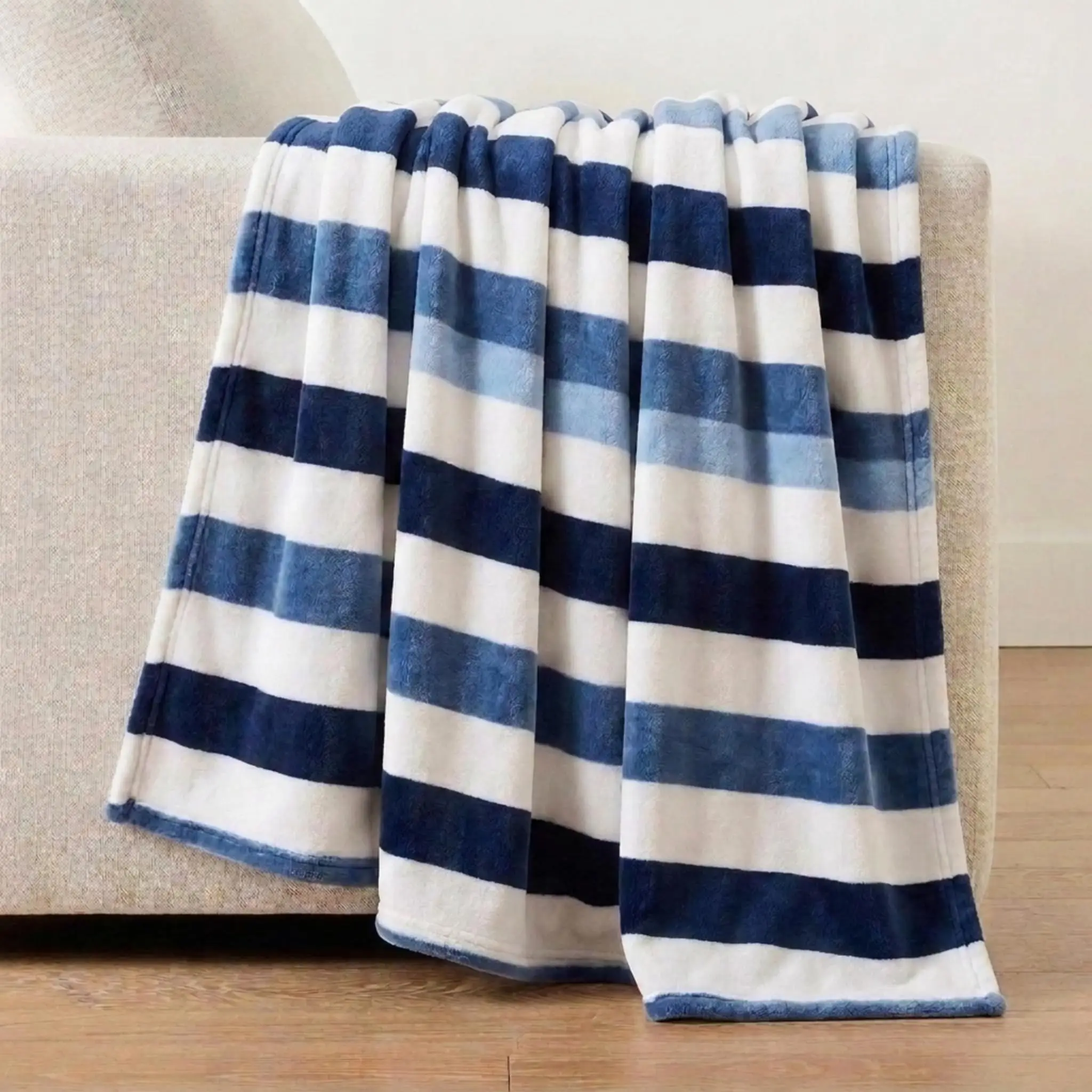 Micro Flannel Fleece Blanket Soft Plush Cozy Bedding Striped Americana Decor Awning Stripe Navy