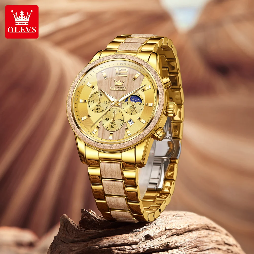 OLEVS 3645 New Mens Watch Original Luxury Quartz Watch Moon Phase Waterproof Luminous Solid Wood Date Watches For Man Reloj