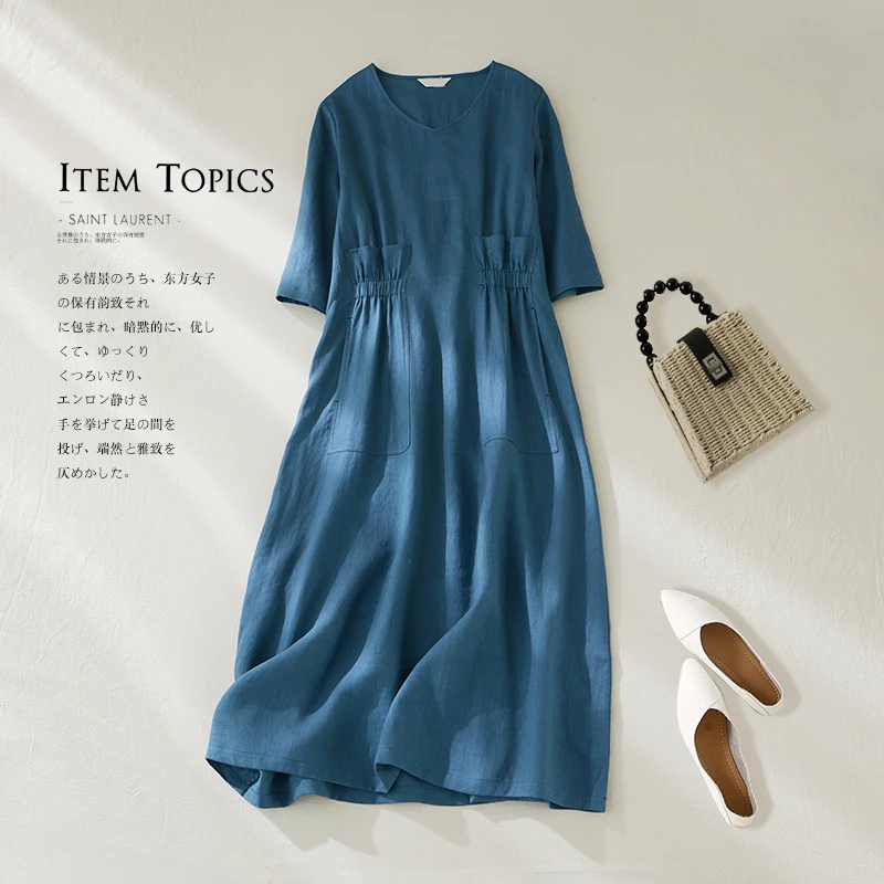 

2024 Summer New Fashion Cotton Linen V Neck Mid length Dress Women Loose Temperament Casual Solid Holiday Seaside Clothing X1104