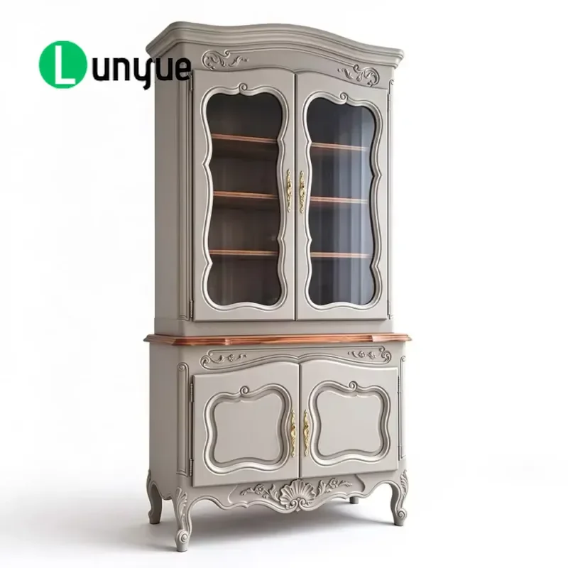 French Retro Carved Glass Door Dining Side Cabinet European Style Floor Display Storage Furniture Customizable for Living