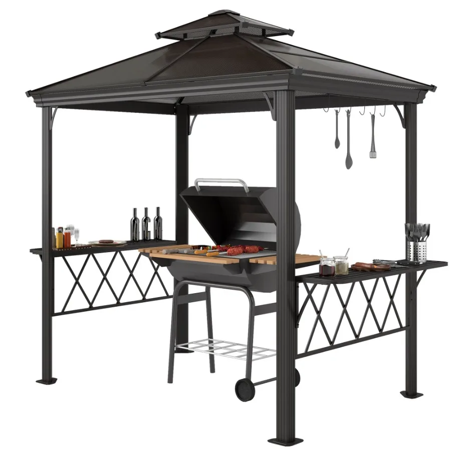 

Outside Porch BBQ Cooking Pergola Canopy with 6 Hooks for Utensils and Double Venting Roof Coffee