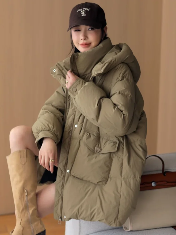 Women\'s Winter Coats Warm Casual Loose Over Size Mid-Long Puffer Jacket Outwear 90% White Duck Down Thicken Hooded Lady Jackets