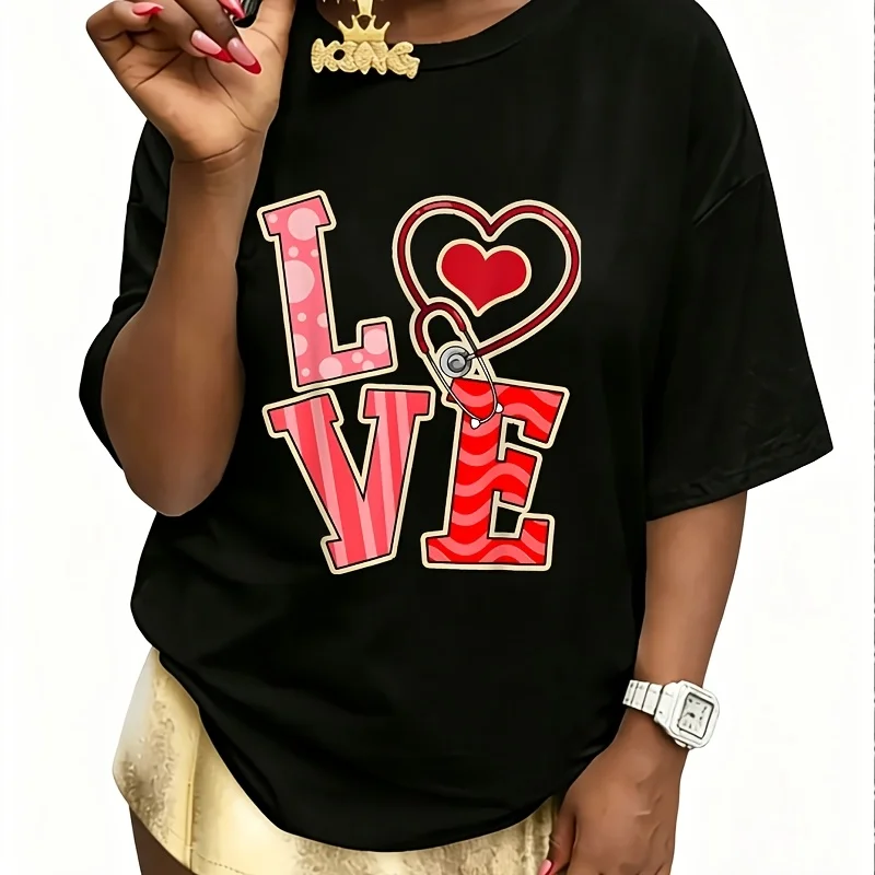 Nurse Valentine's Day Love Heart Stethoscope Valentine's Day Women's 100% Cotton T-Shirt Short Sleeve Top Casual Round Neck Fun Print Tee S-5Xl