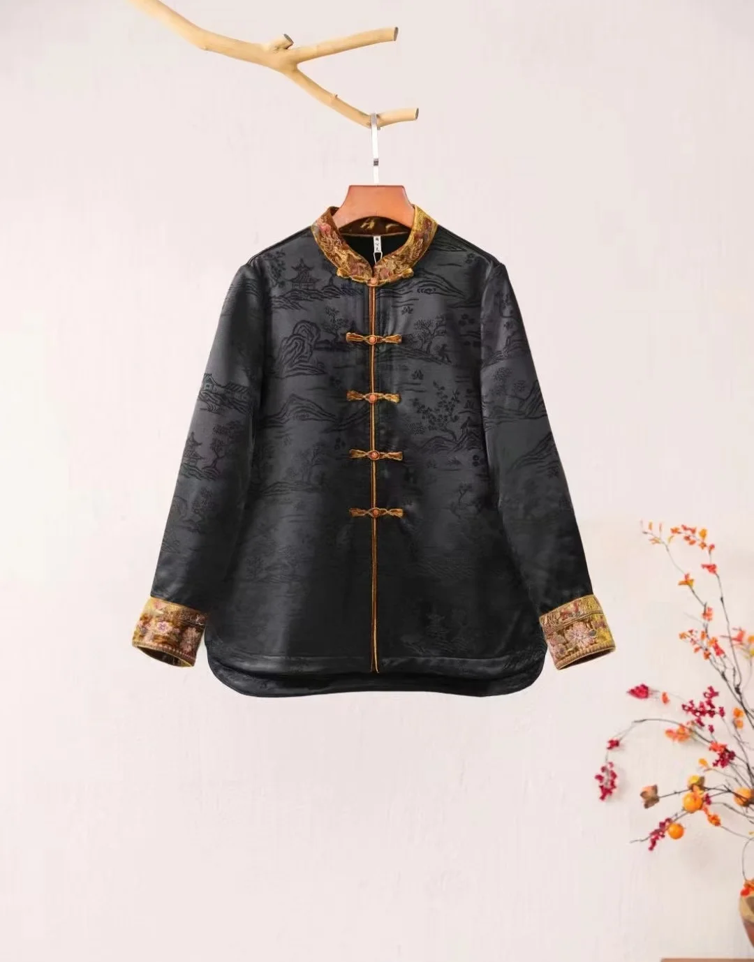 Original women's winter tops Black rayon jacquard fleece lined clothes Chinese style embroidery Vintage padded jacket