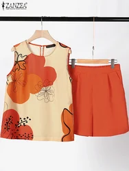 ZANZEA Holiday Summer 2024 2-Piece Sets Leisure Women Solid Short Pant Printed Sleeveless Top Shorts Suits Casual 2pcs Outfits