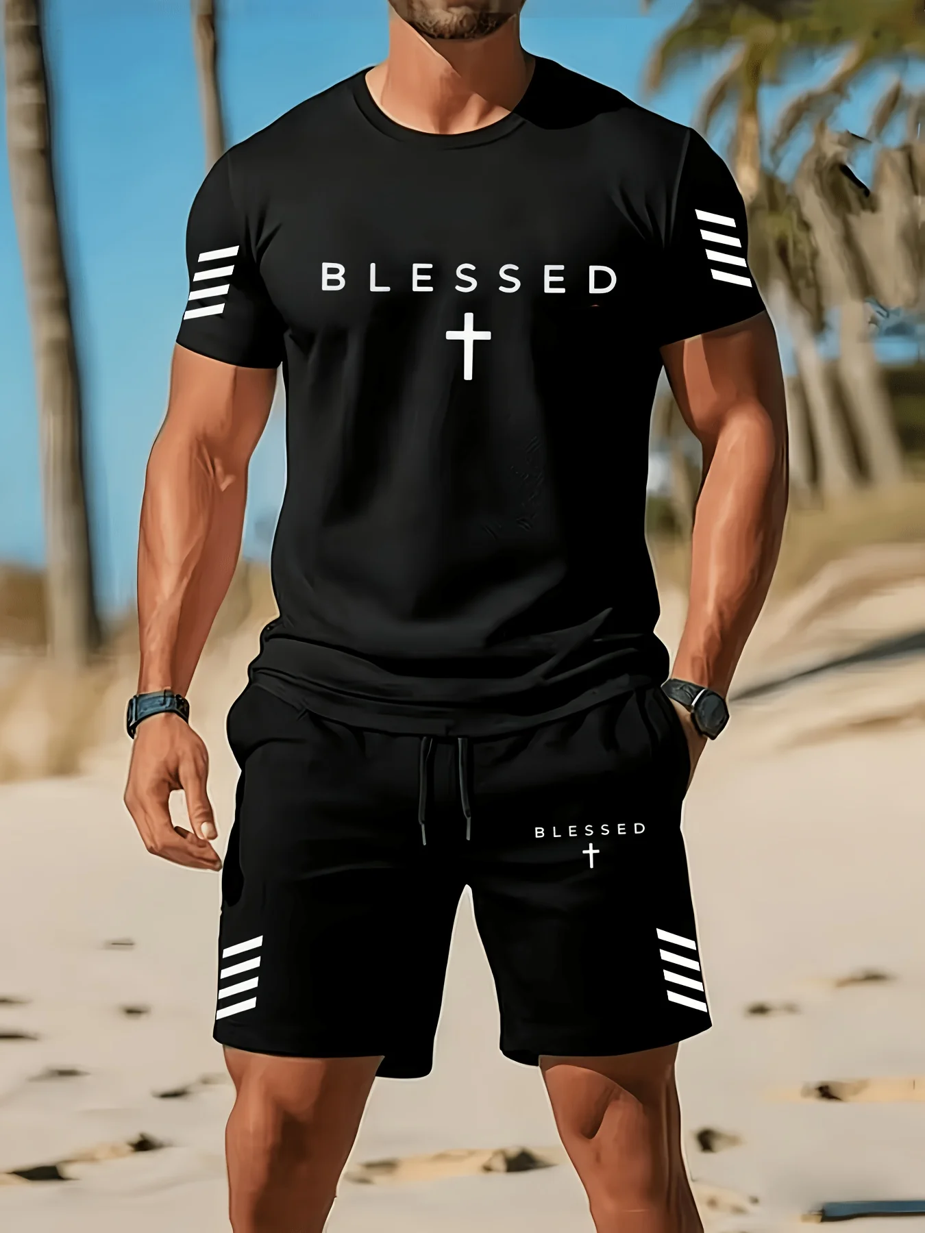 Men's BLESSED Cross Print Short Sleeve T‑Shirt & Shorts Set Casual 2‑Piece Outfit With Striped Sleeves  Sportswear set