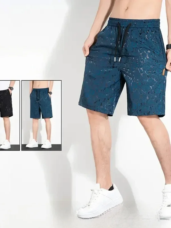 

Мужские модные свободные прямые шорты из ледяного шелка с вышивкой, летние, тонкие, прохладные, спортивные, средней длины