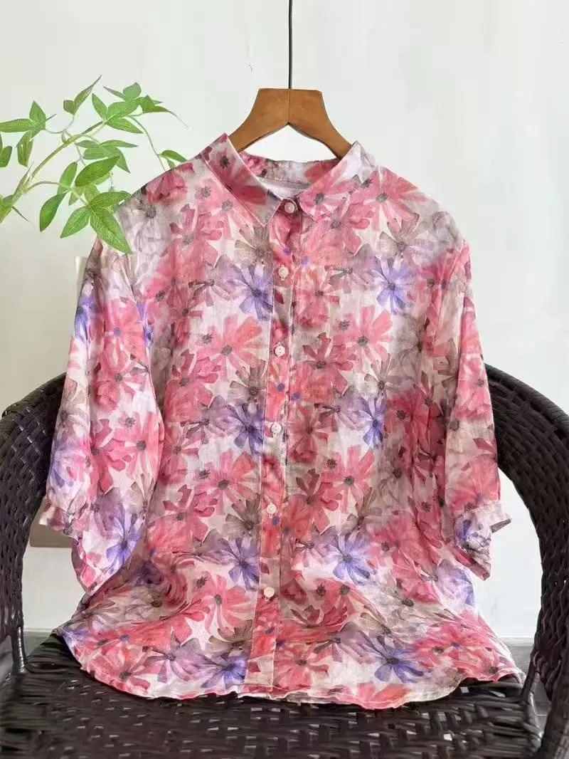 

Оригинальная женская одежда класса люкс 2026: рубашки и блузки из 100% рами с цветочным принтом, летние дышащие топы с рукавами 3/4