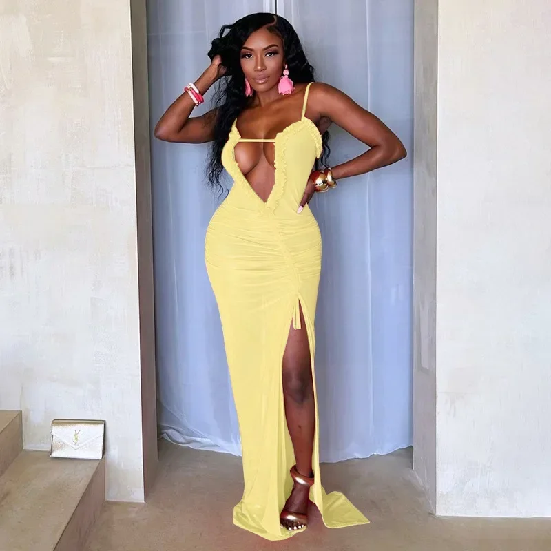 Sexy Frauen Mesh Low-Cut Maxi kleid ärmellose unregelmäßige Ausschnitt Perspektive langes Kleid hoch geschlitzte Rüschen Plissee Kordel zug Kleid