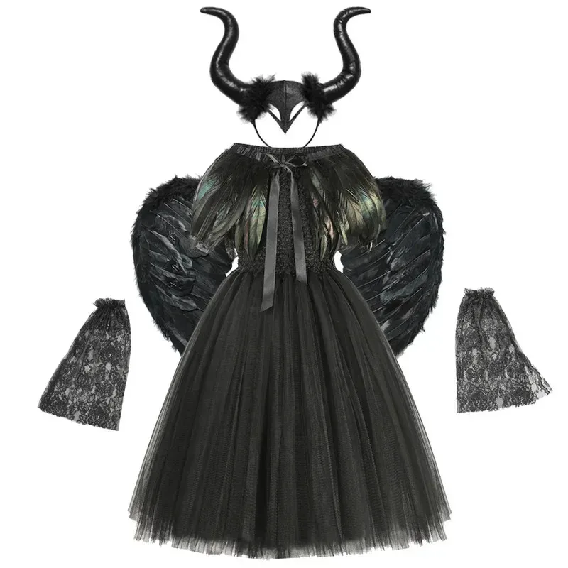 New 2025 Girls Maleficent Tutu Dress With Horns Wings Evil Queen Fancy Party Dresses Kids Halloween Cosplay Witch Costume eqs9X