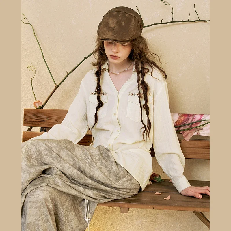 ELFSACK Long Sleeve V-Neck Blouse with Chest Pockets Chain DecorElegant Fitted Shirt with Waist StrapWork Chic Top
